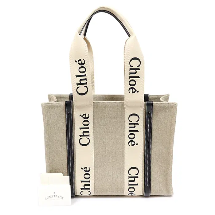 Chloe(끌로에) CHC22AS383I2691J 리넨 캔버스 브라운 샤이니 카프스킨 WOODY 우디 미듐 토트백 MUJ76433CHLO