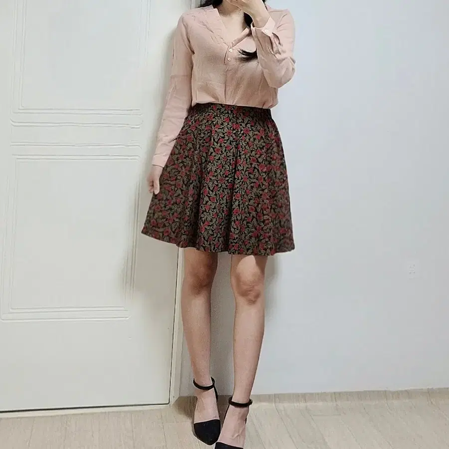 빈티지 패턴 앞지퍼 플레어 스커트