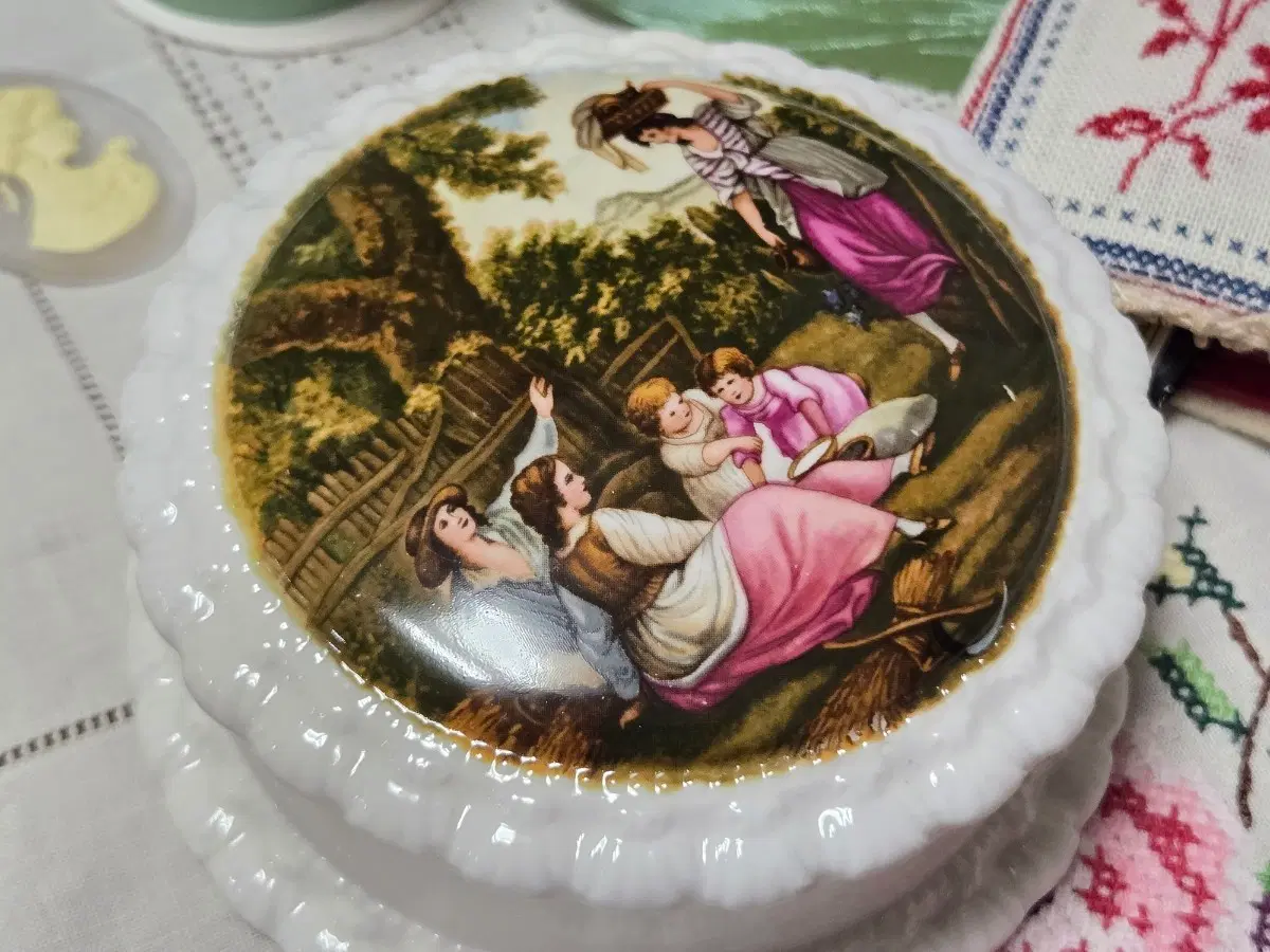 영국 빈티지 포세린 명화 트링켓, 앤틱 보석함, 포셀린 명화 보석함, 도자기 보석함