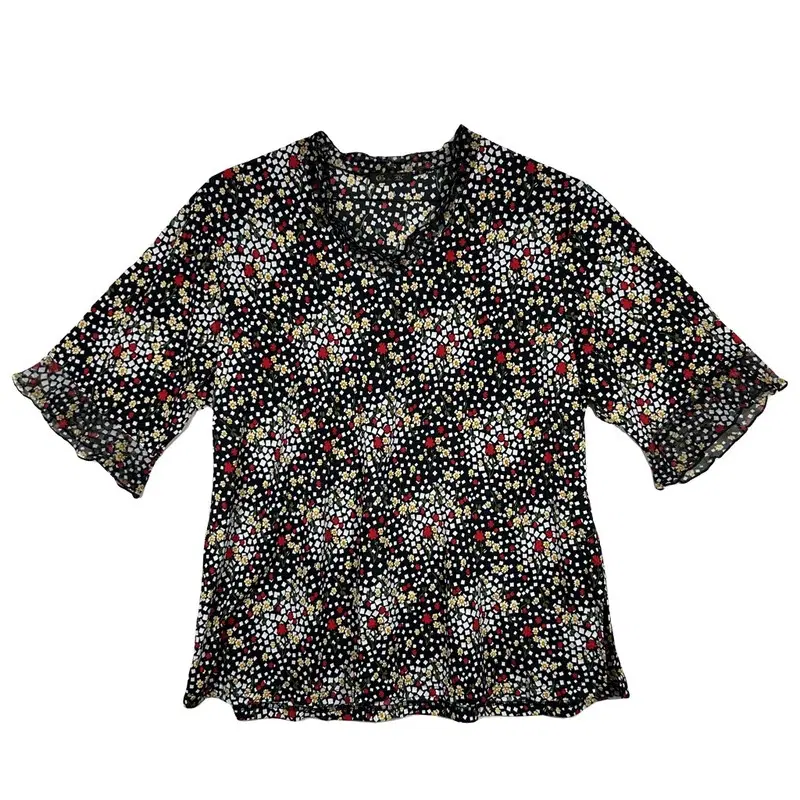 레트로 블랙 잔 패턴 반팔티 [XL] 엄마룩 데일리 폴리에스터 혼방
