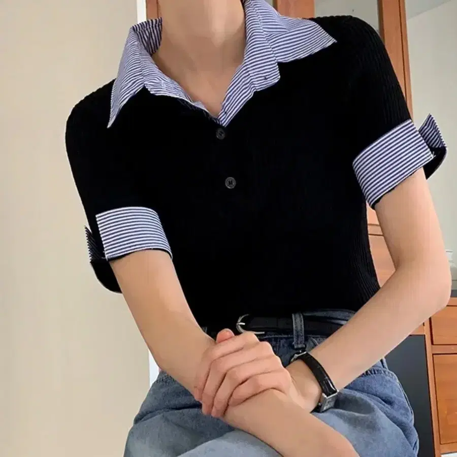 베니토 스트라이프 셔츠 레이어드 니트 반팔