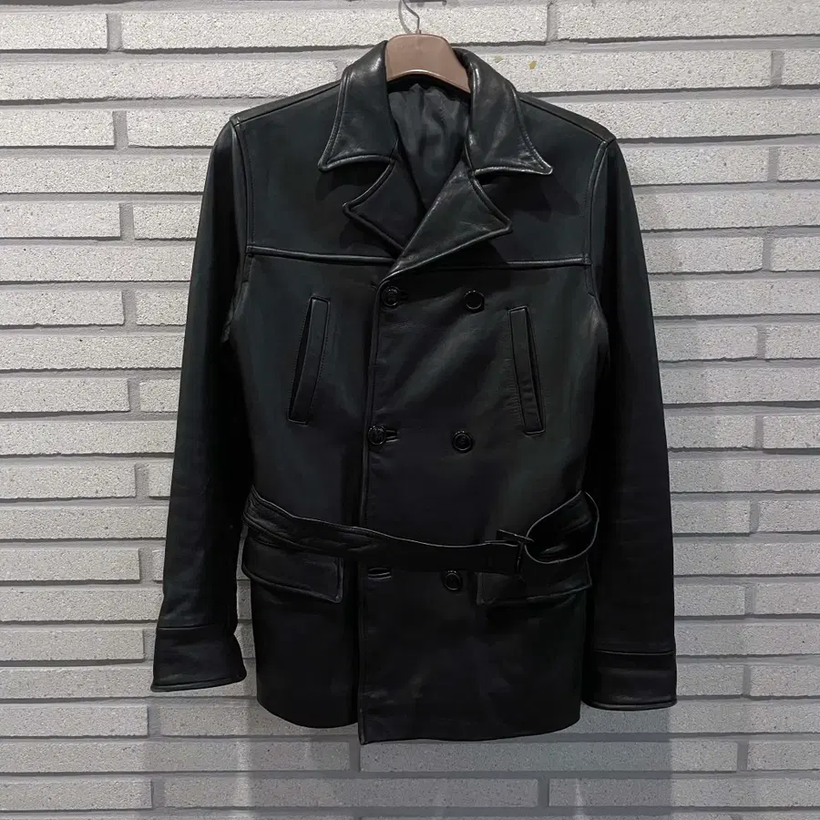 VINTAGE 양가죽 벨티드 하프 자켓 더블버튼 블랙