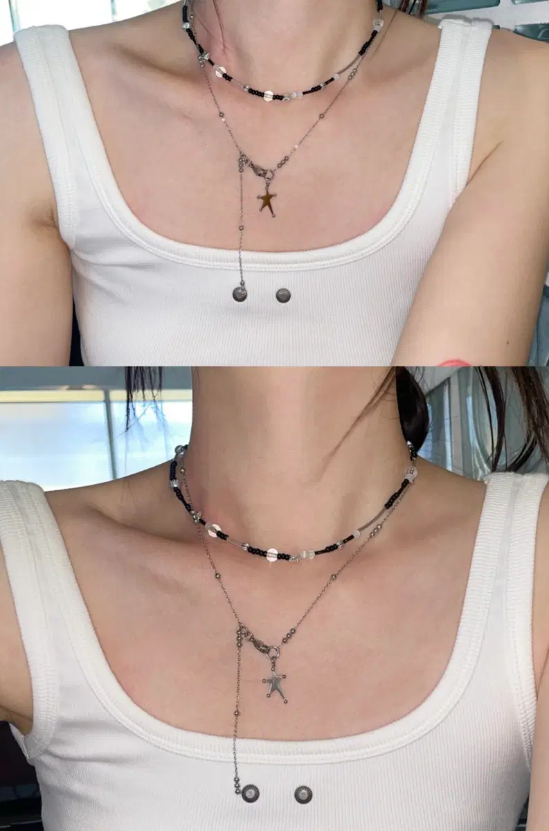 *세트* 아모미 Drop Chain Star Necklace/ 드롭 체인 스타 목걸이, Clear Star Bead Necklace / 클리어 스타 비즈 목걸이
