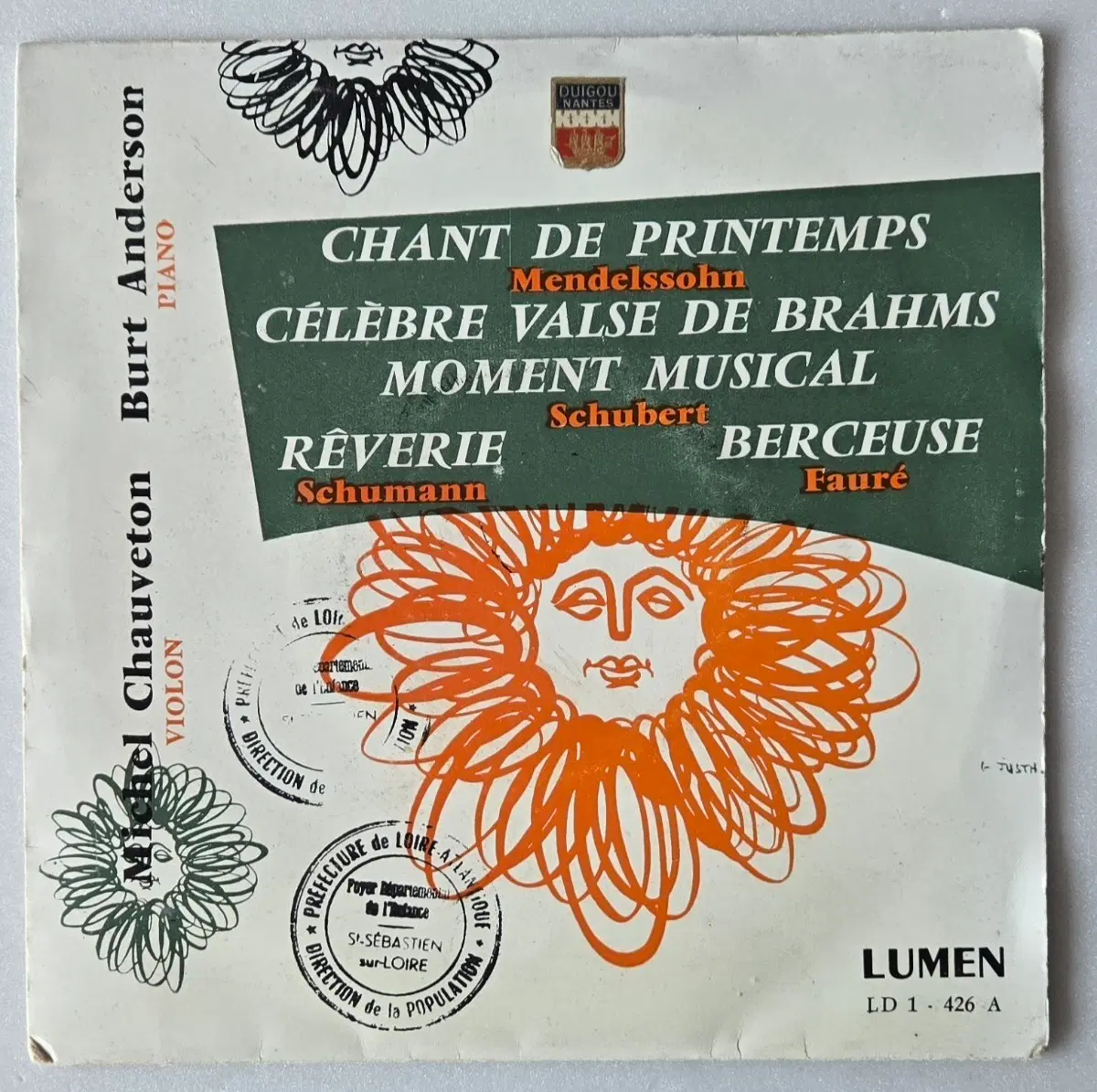 Michel Chauveton - 바이올린 소품 / 포레.멘델스존 등 7인치 EP ( 프랑스 LUMEN, Andre Charlin 녹음 )