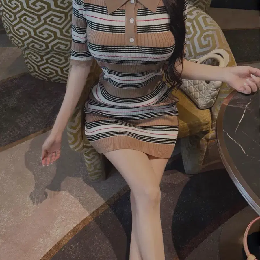 467. 배색 스트라이프 골지 반팔 미니원피스