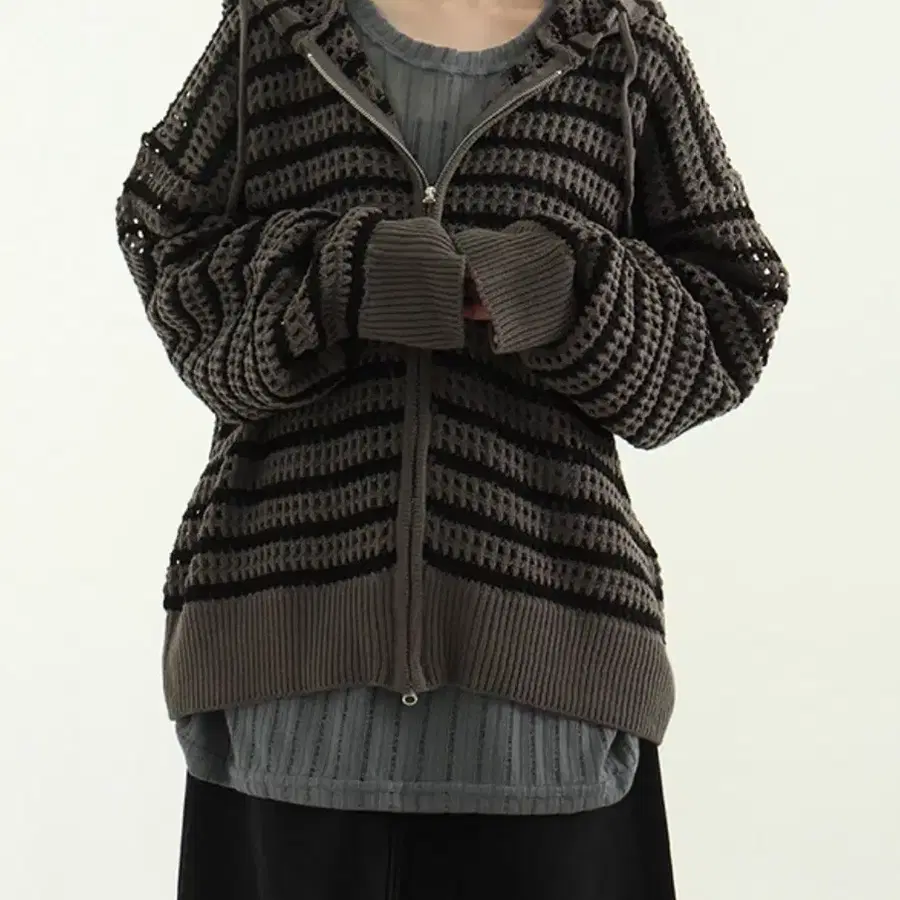 로컬맨션 | hand warmer stripe mesh hood zip-up (unisex)