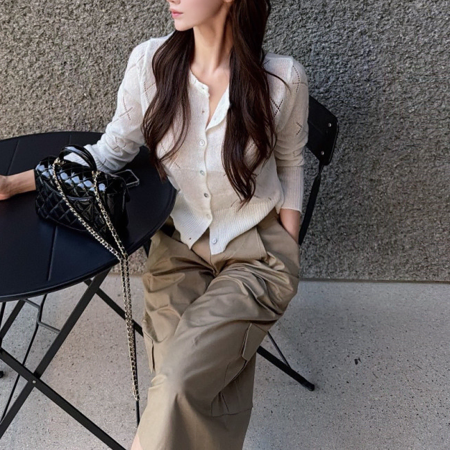 뮤트 로엔 펀칭 아가일 슬림 가디건