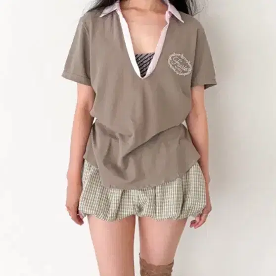 샵페어리 리본 타이 하프 pk 셔츠 모카 shirt