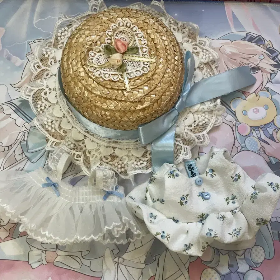 20cm 밀짚모자 블루 꽃 원피스 세트 인형옷