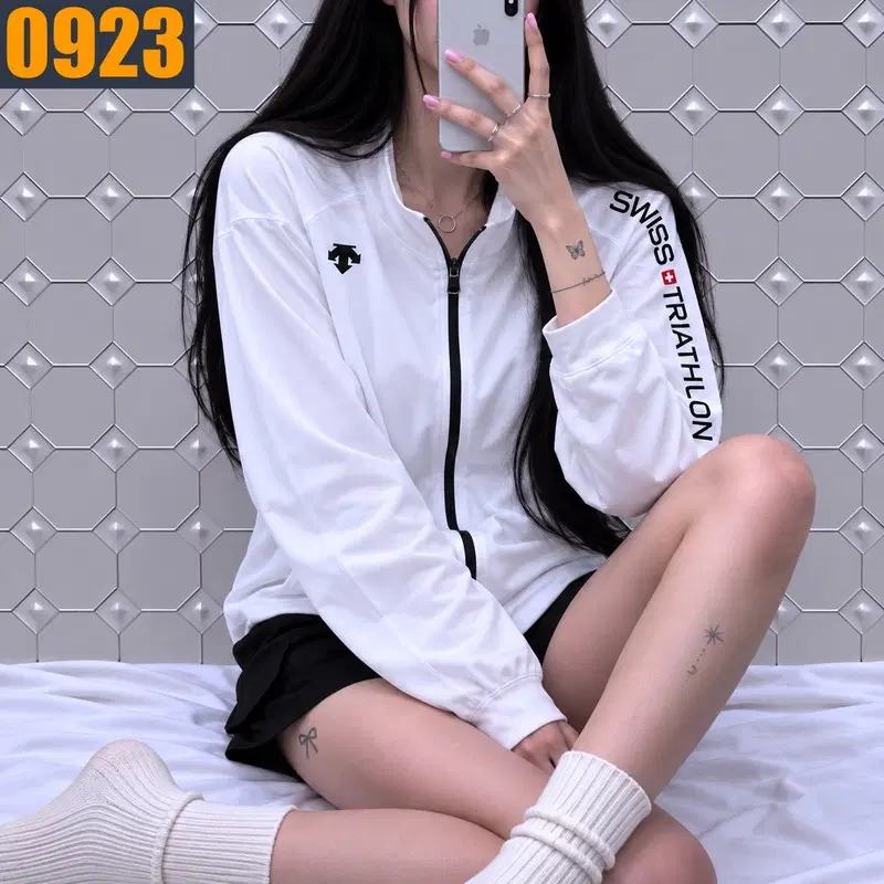100 DESCENTE 데상트 화이트 스위스 트라이애슬론 로고 트레이닝 집업 자켓 L