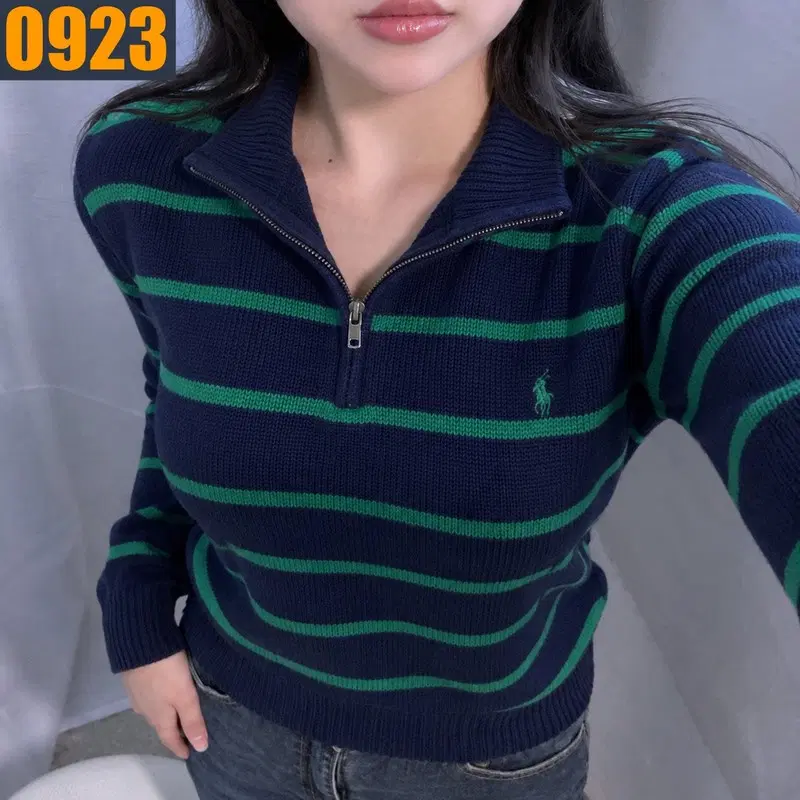85 POLO 폴로 랄프로렌 딥네이비 그린 스트라이프 포니 자수 하프집업 니트 XS