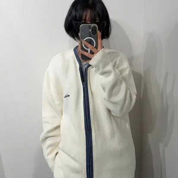 L 퀵실버 빈티지 아이보리 집업 니트 가디건