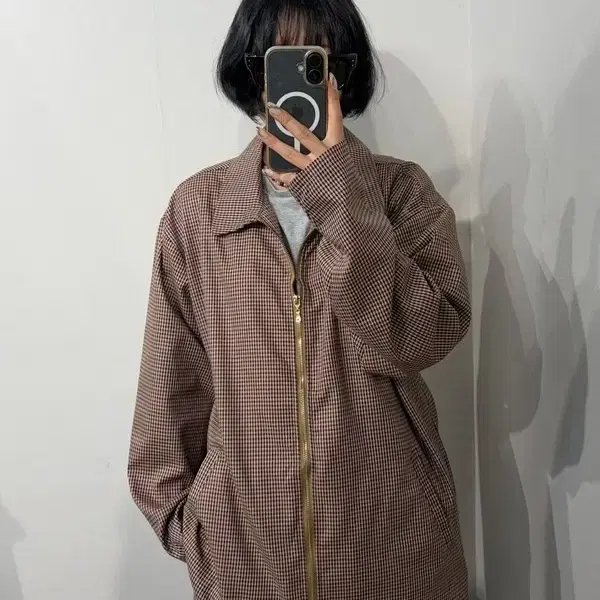 LL 빈티지 체크 집업 블루종 브라운