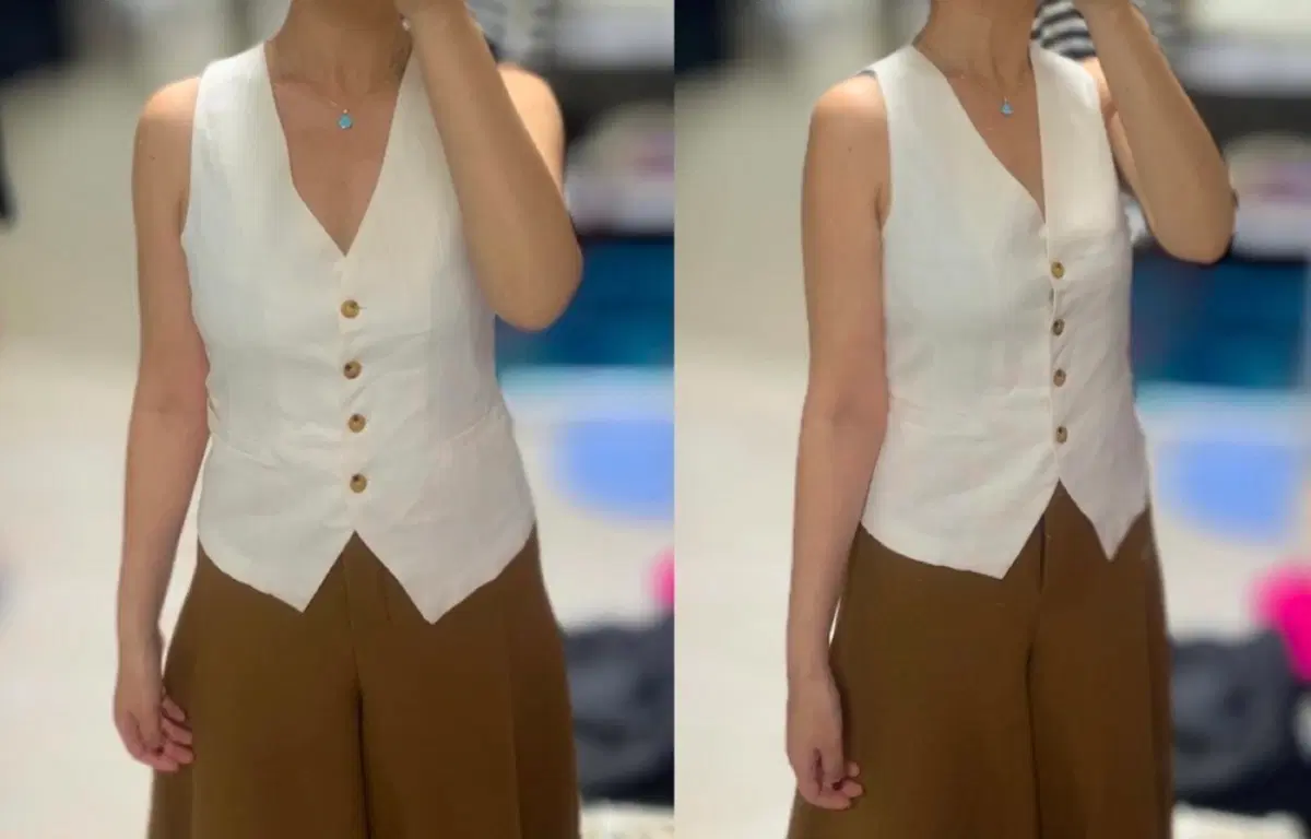 천연 린넨 마 베스트 브이넥 조끼 아이보리 화이트