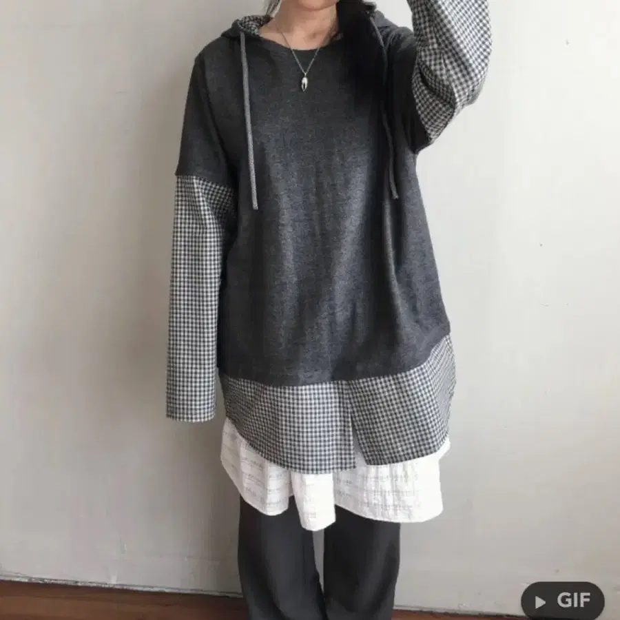 레이어드 체크 셔츠 후드(그레이)