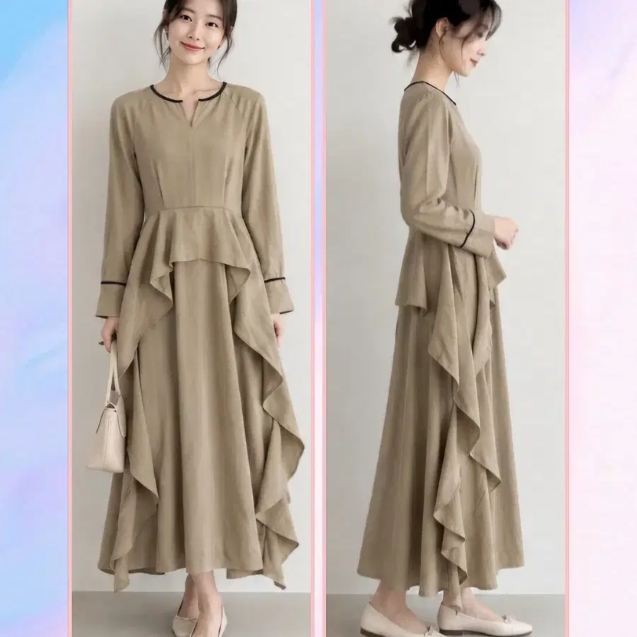 웨이스트 프릴 뒷트임 롱 원피스