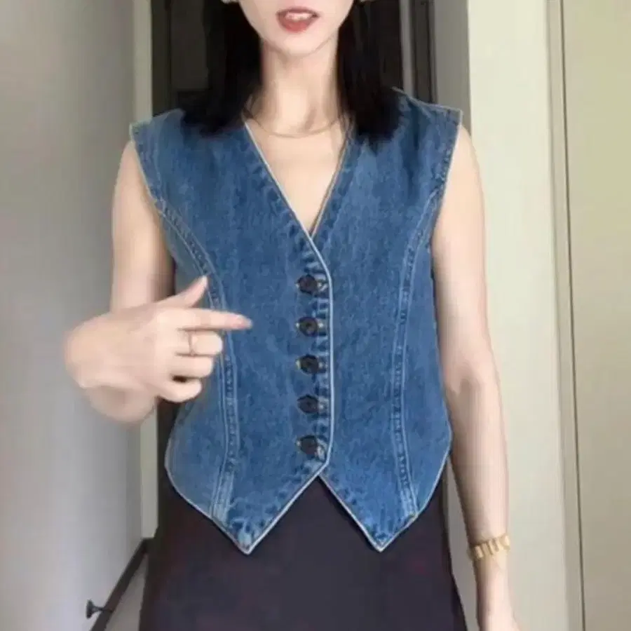 여성 고급 청나시 쇼트 브이넥 S