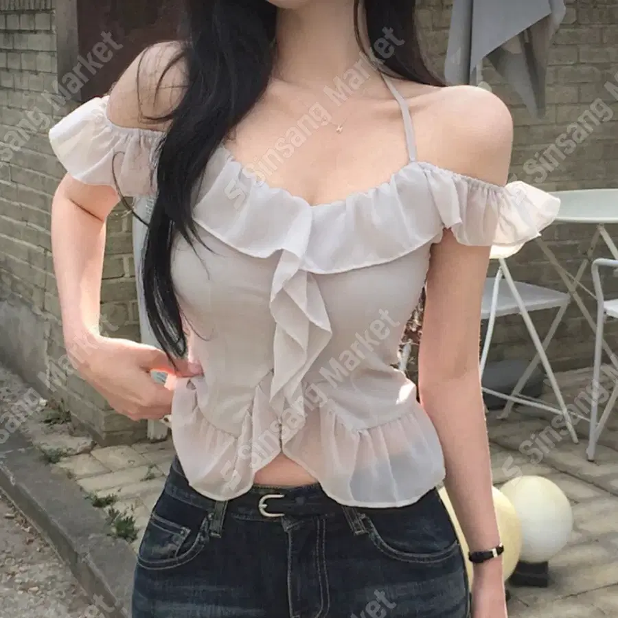 여성 프릴 오프숄더 블라우스