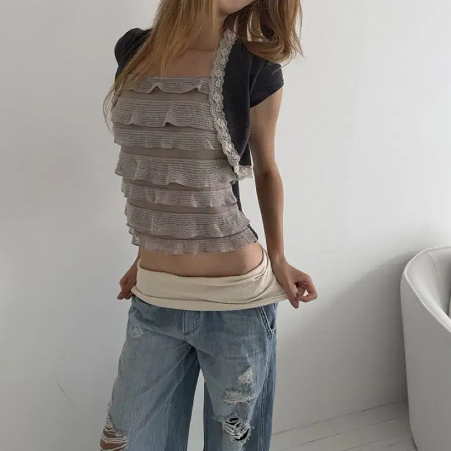 볼레로 린넨 프릴 레이스 반팔티