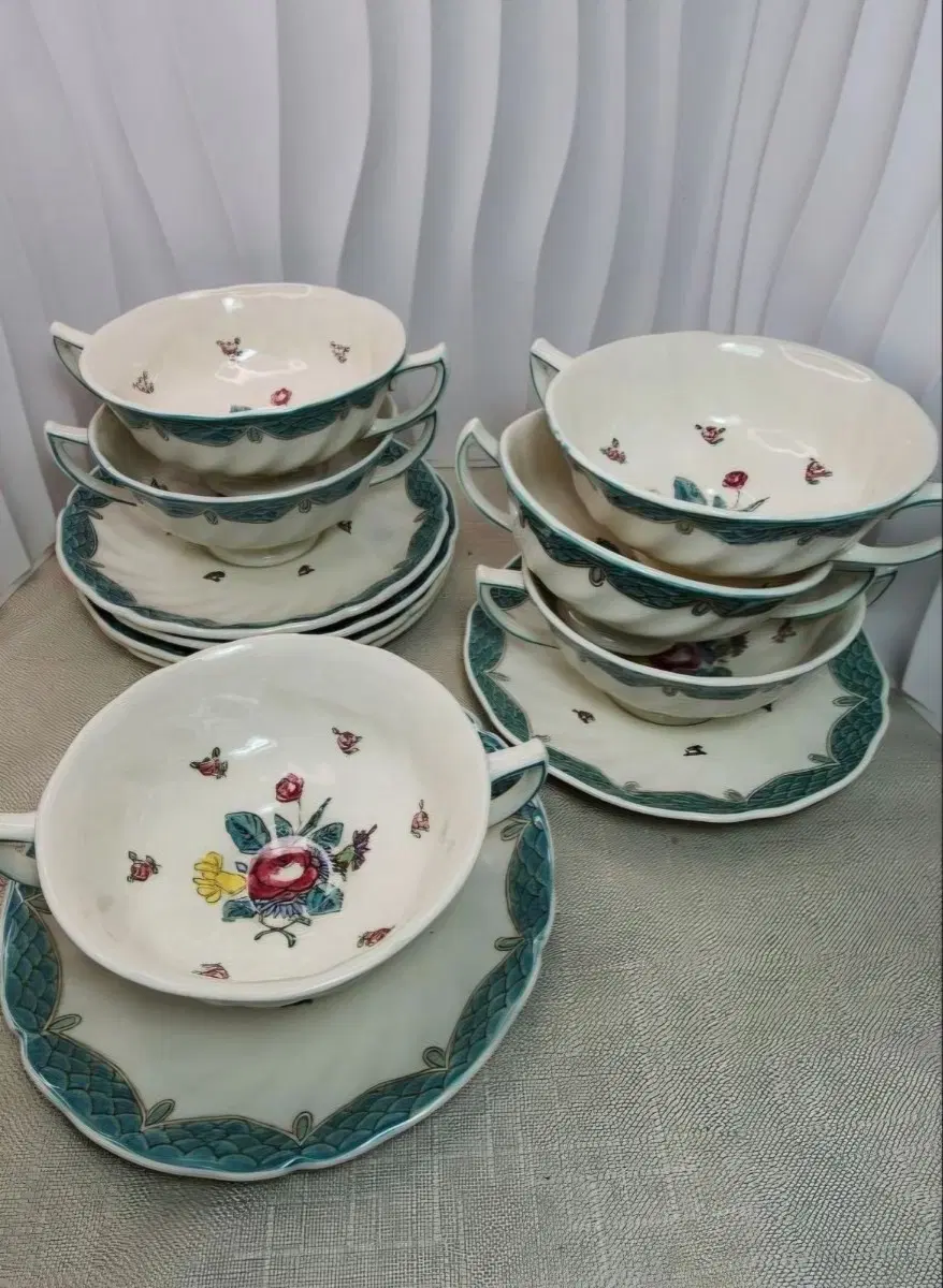 황실찻잔로얄덜튼 Lowestoft Bouquet D6023 양손잡이 부용컵 6세트 12P 영국 빈티지