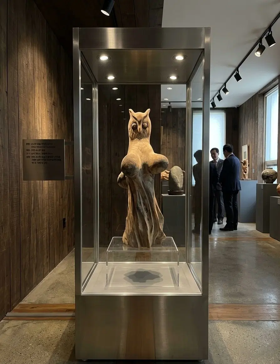 소나무 관솔 부엉이 조각상 높이 59cm