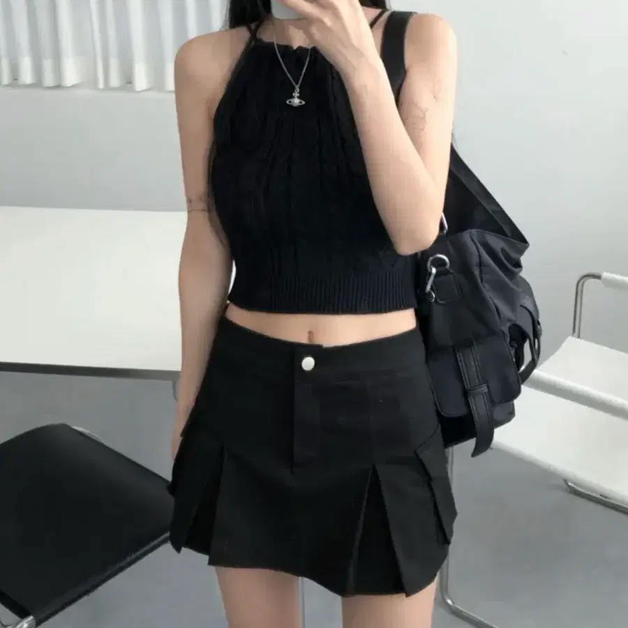 포켓 블랙 미니 스커트