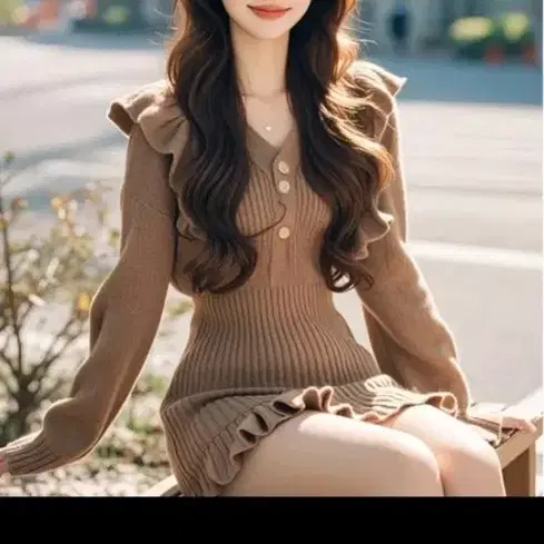 니트 프릴 원피스 브라운 새거