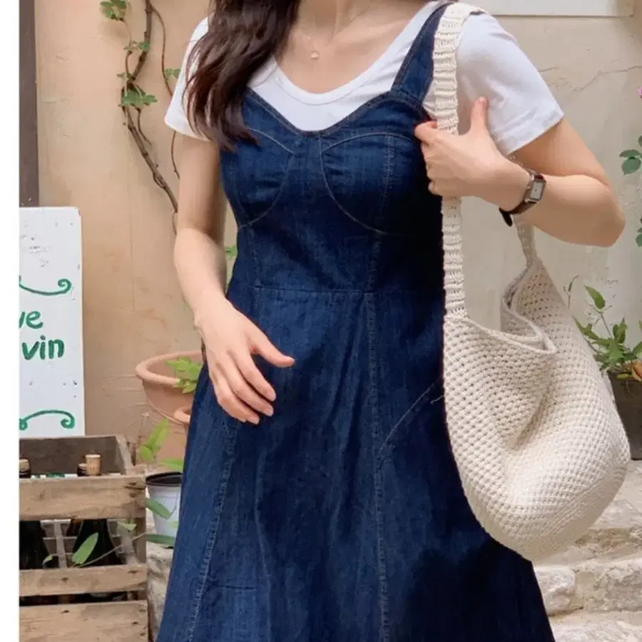 쇼퍼랜드 청순룩 데님 뷔스티에 멜빵 원피스 임부복 가능