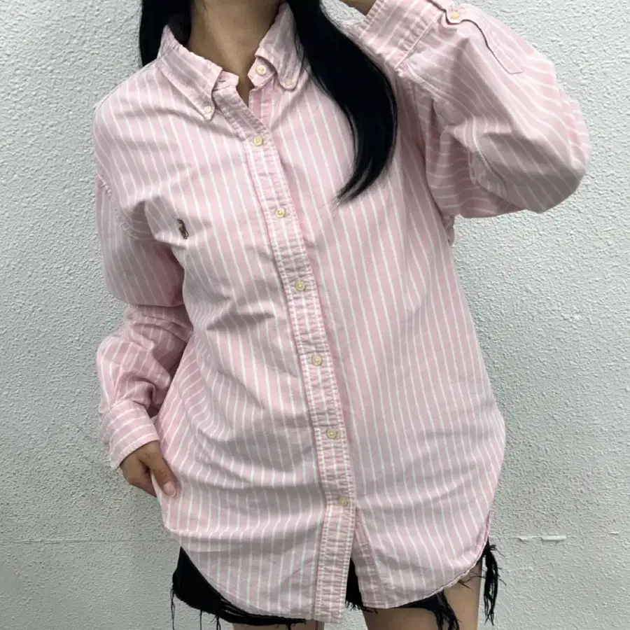 폴로 랄프로렌 옥스포드 딸기우유맛 스트라이프 셔츠 L