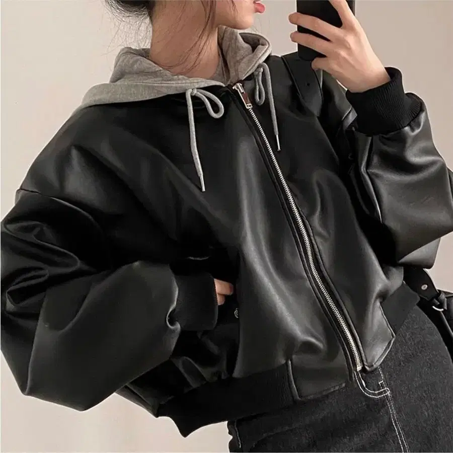 레더 후드자켓 블랙