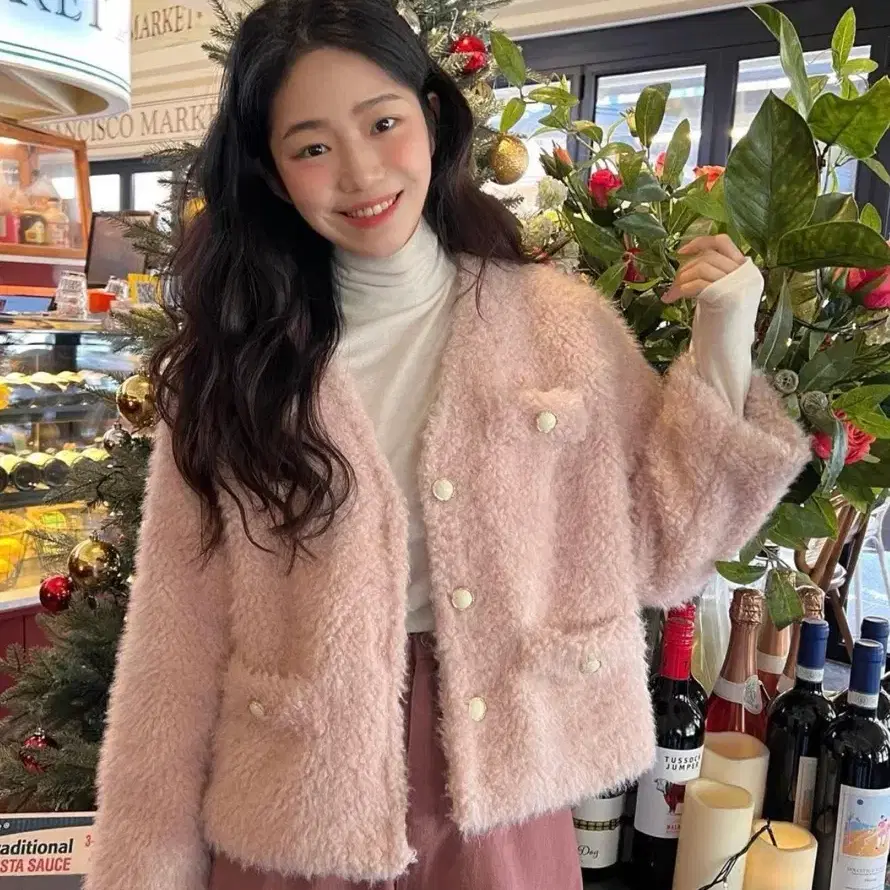 솜사탕 핑크 부클 가디건