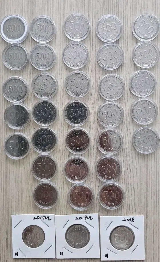 한국은행 500원 동전 년도별 줄세우기 (초년도 1982~2019) 87,98년 제외 일괄