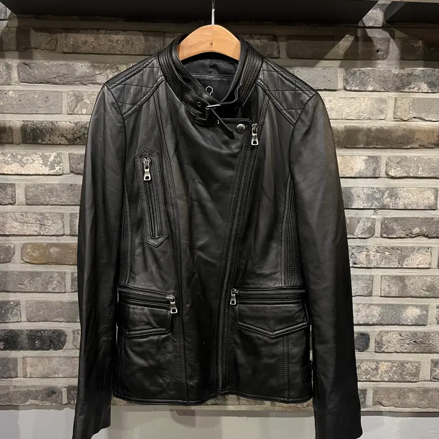 VINTAGE 양가죽 넥 스트랩 라이더 레더 자켓 블랙