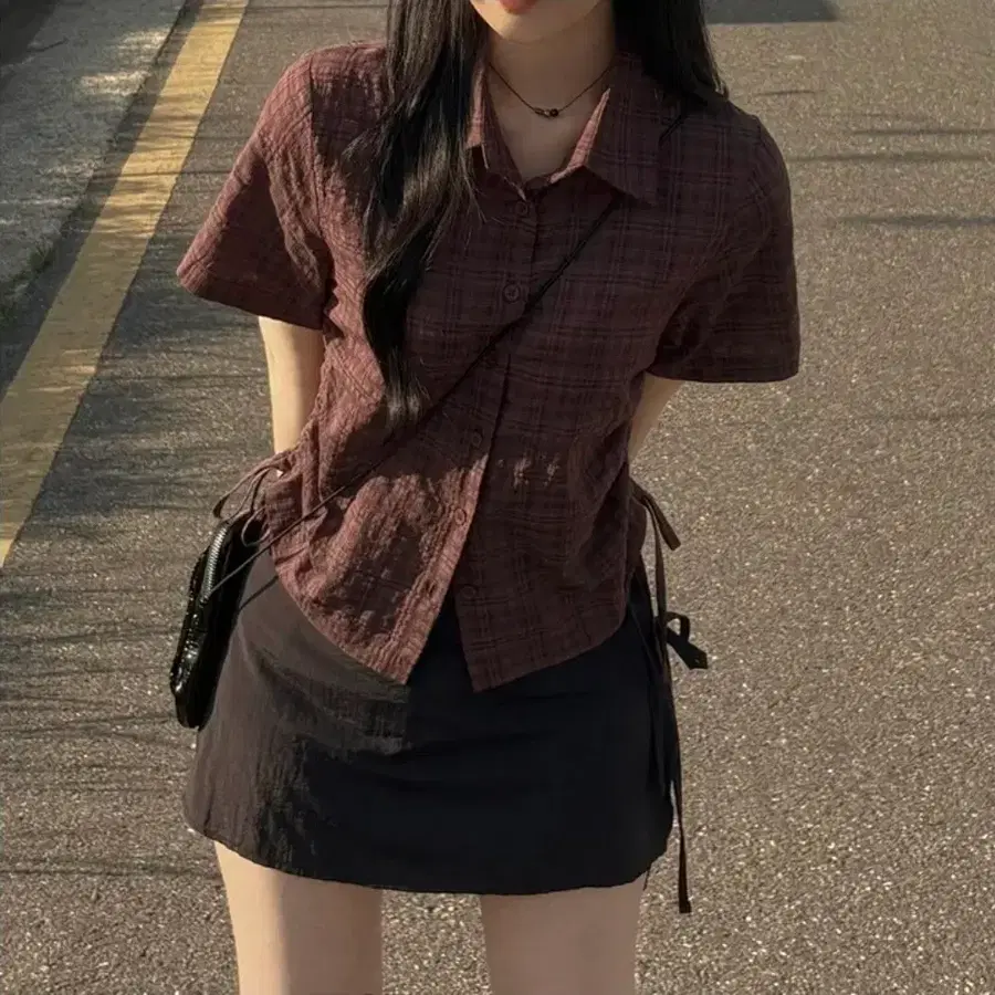 에이블리 블리즈 빈티지힙 너드러블리 옆셔링 스트링 여름 반팔 크롭 체크셔츠 남방