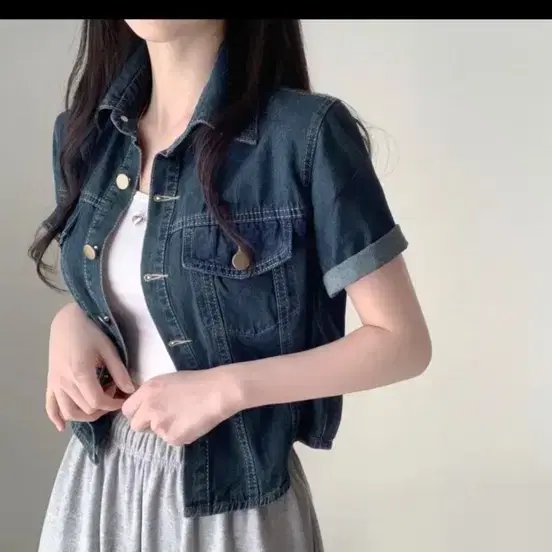 크롭 반팔 데님 셔츠 남방 청자켓