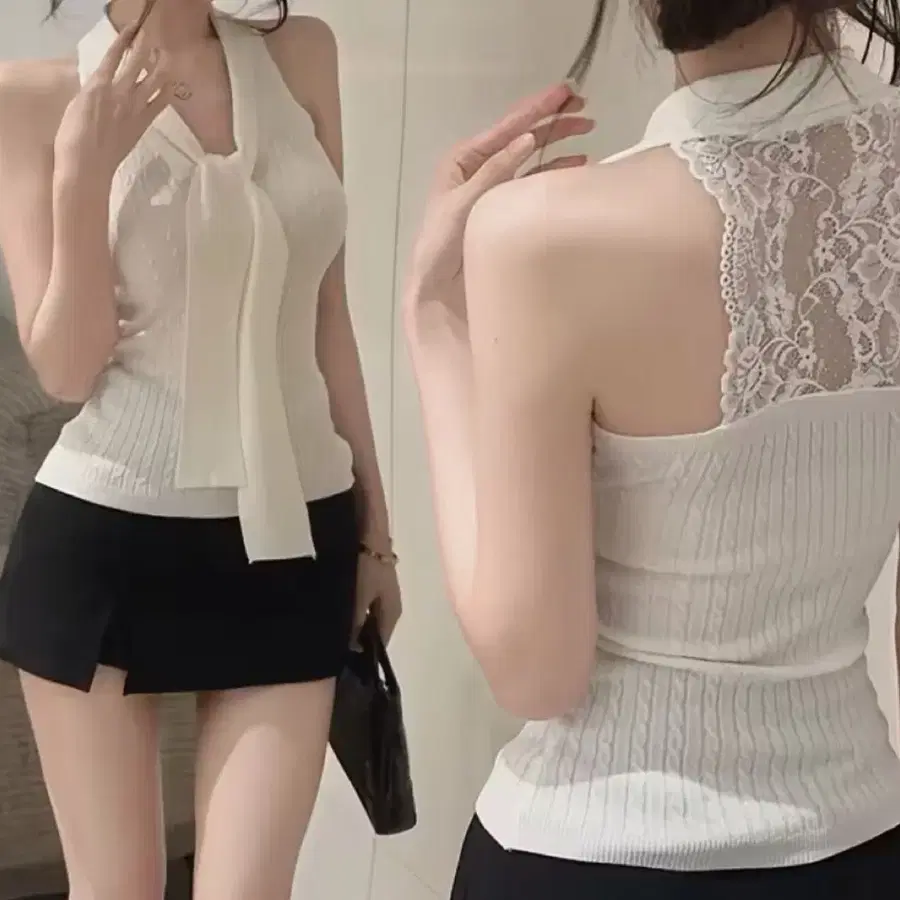 민소매 레이스 홀터넥 탑