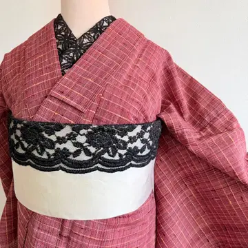 기모노 울 핑크 체크 격자 이시키아테 포함 등받이 포함 화장 67