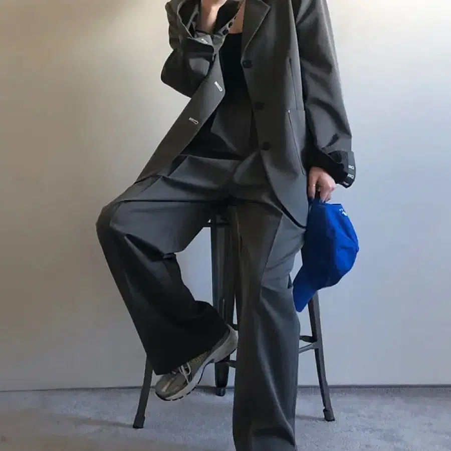스티치 오버핏 자켓 그레이