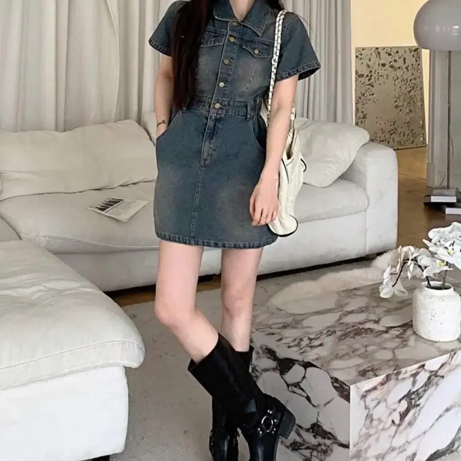 청 데님 셔츠 원피스
