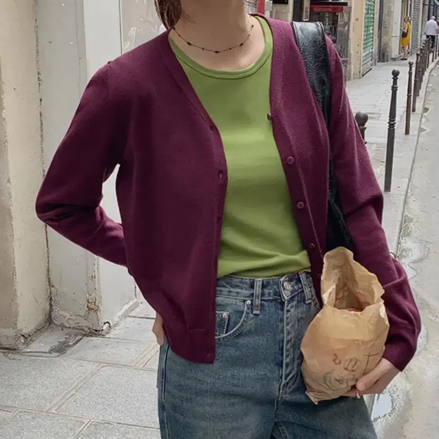 퍼플코어 에드모어 V넥 가디건 퍼플