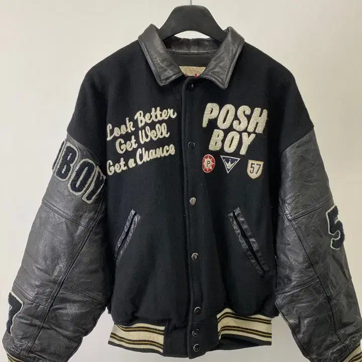 빈티지 90s POSH BOY 레더 슬리브 바시티 자켓