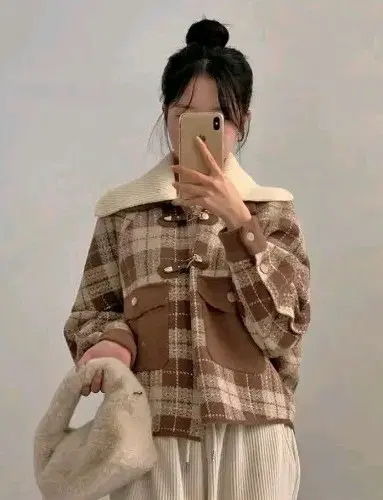 로제 모직 체크 후크 점퍼 - 베이지