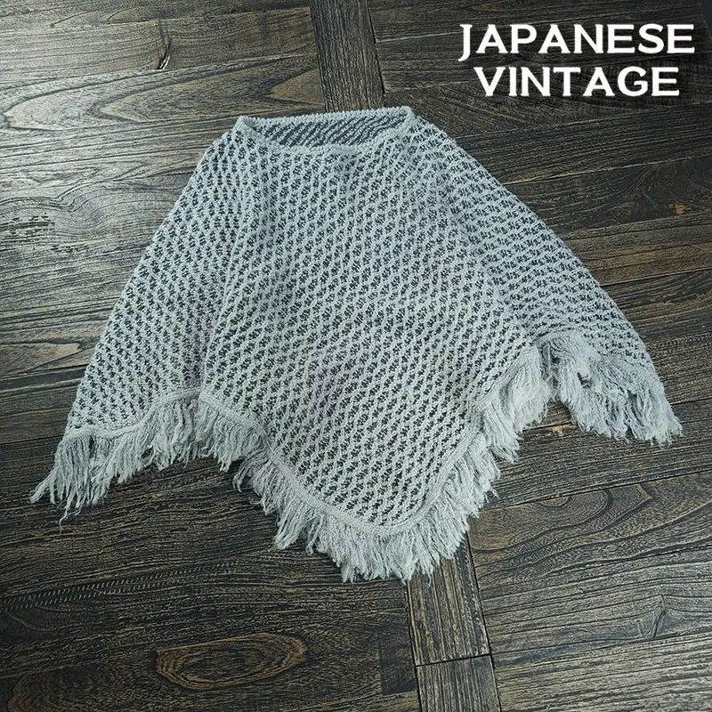 일본빈티지 모리걸 프린지 니트 판초 케이프 그레이 M22996