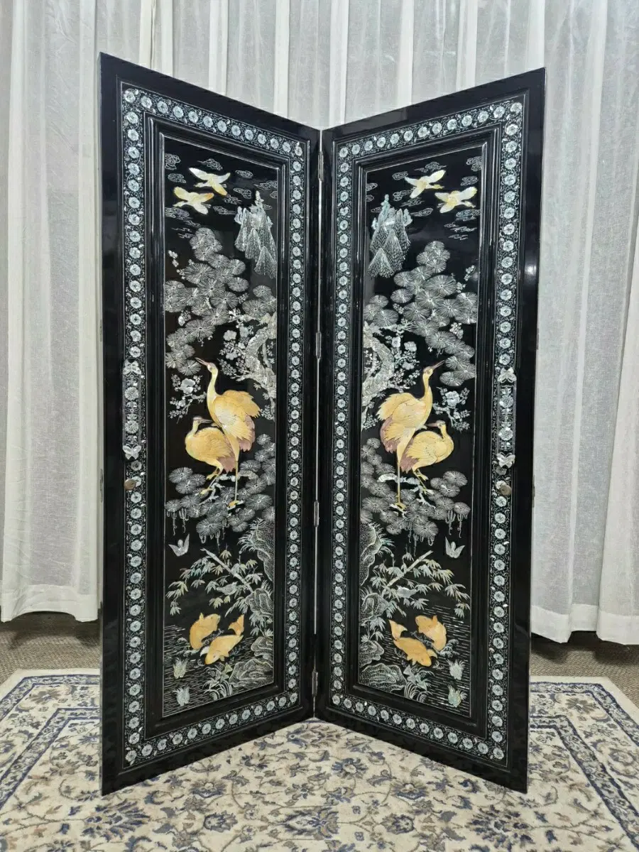 No.9-10 60S 빈티지 통영 송학문 세절자개 2폭 병풍