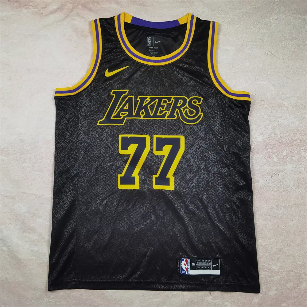 NBA 레이커스 DONCIC 77번 스네이크 텍스처 블랙 드라이핏 농구 유니폼 남녀공용 저지