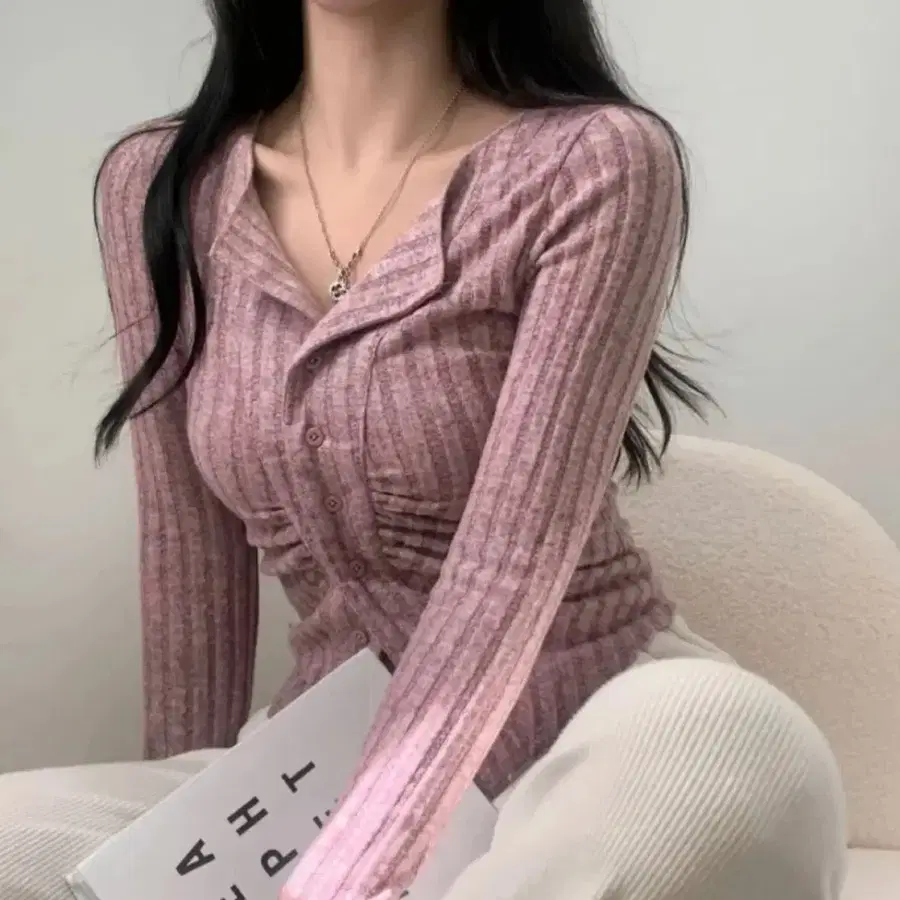 골지 브이넥 버튼 니트(베이지)
