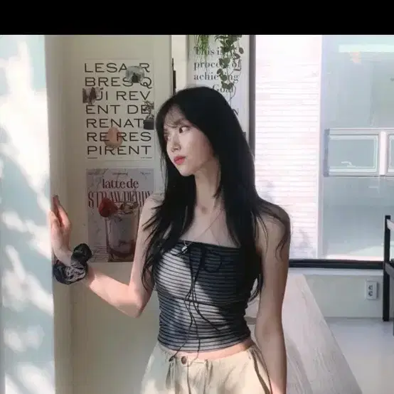 단가라 민소매 튜브탑 리본