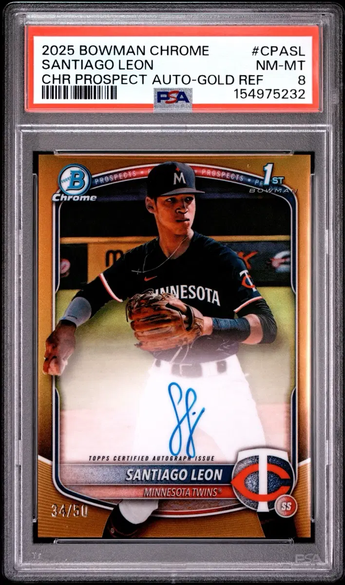 2025 보우만 크롬 산티아고 레온 1st 골드 오토 /50 PSA 8