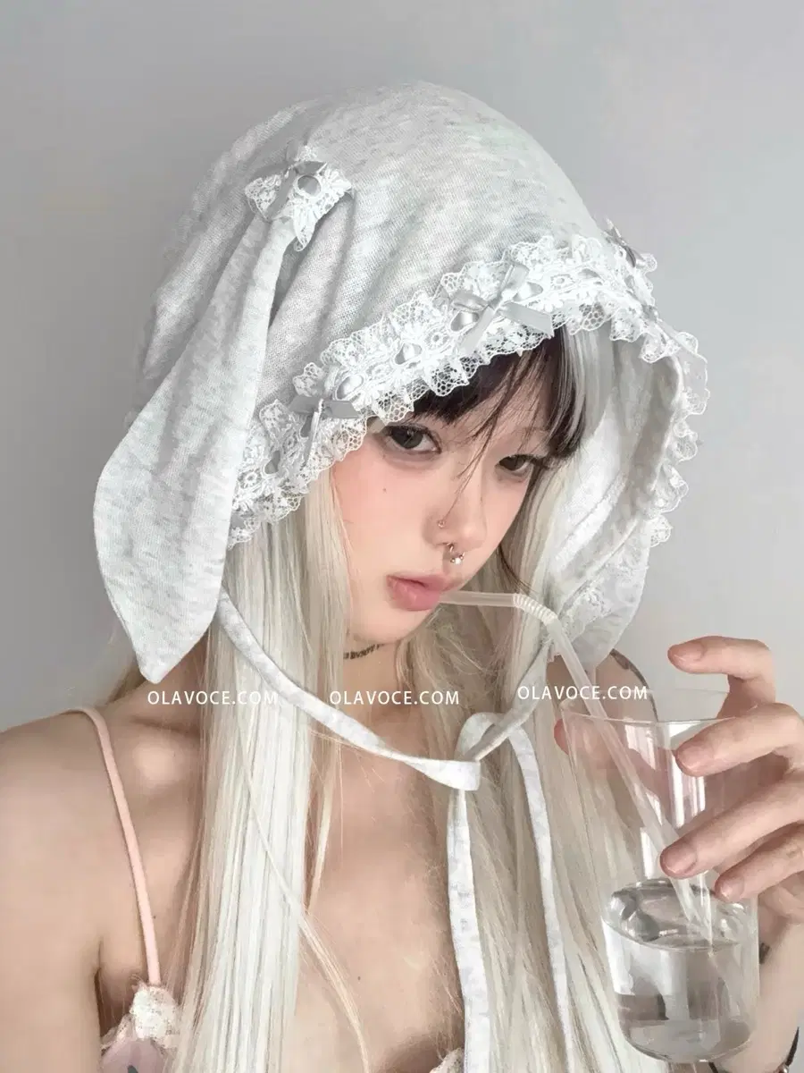 로리타 레이스 리본 토끼귀 후드 헤드밴드 면소재 모자