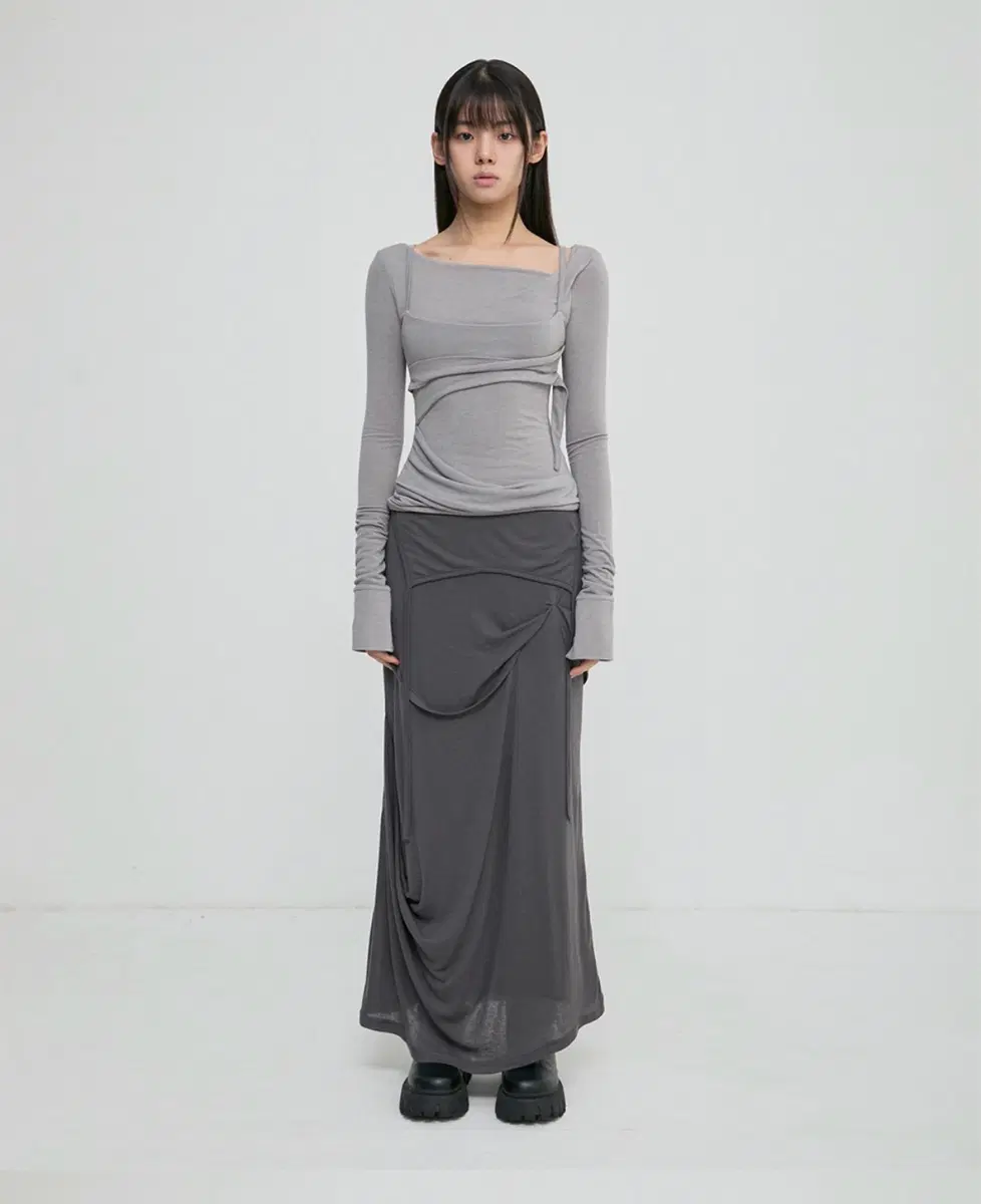 플레어업 상하의 세트 판매 Layered Bustier Long Sleeve / Asymmetrical Draped Long Skirt